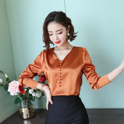 China Anti-Wrinkle Office Lady Popular Design Long Sheath V-Neckline Plus Size Women Silk Shirts OC74 for sale