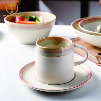 China Stocked 250ml Ceramic Mugs Stripe Handmade Handmade Colorful Painting Mug With Saucer Ceramic Cup for sale