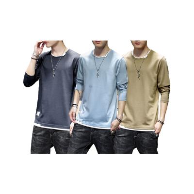 China Korean T-shirt Men's Long Sleeve Big Cotton Anti-Wrinkle Round Neck Fake Two Pieces Blank Four Seasons Pure Cotton Based T-shirt Logo Loose Fit for sale