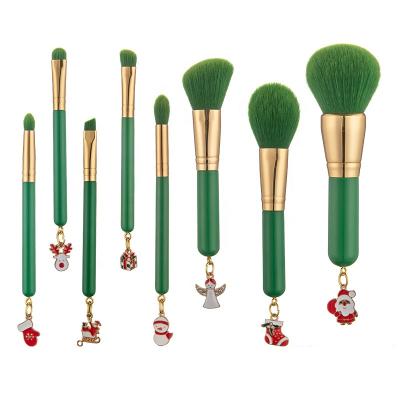 China Angular Blush Wholesale 8 PCs Mini Private Label Customized Quality Green Nylon Wooden Women Face Logo Christmas Makeup Brushes Custom Made for sale