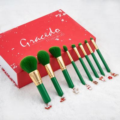 China Angular Blush Best Selling Hot Selling 8 Nylon Mini Private Logo Wooden Soft Eco Friendly Professional Women Christmas Green Makeup Brushes Custom Logo for sale