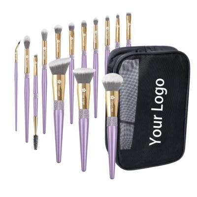 China Angular Blush Low Moq Wholesale Private Label Makeup Brushes Crystal Rhinestone Bling Glitter Oem PU 14pcs Purple Face Cosmetic Bag for sale