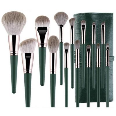 China Angular Blush 14pcs Green Logo Fluffy Travel Vegan Makeup Brush Set Luxury Professional Private Label Cosmetic Brush for sale