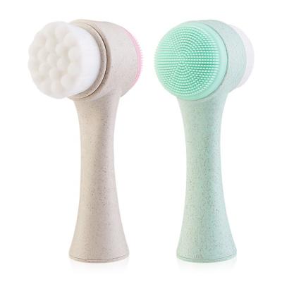 China high quality 2in1 wholesale price skin-friendly purple biodegradable portable soft double bristle silicone wheat facial cleansing brush for sale