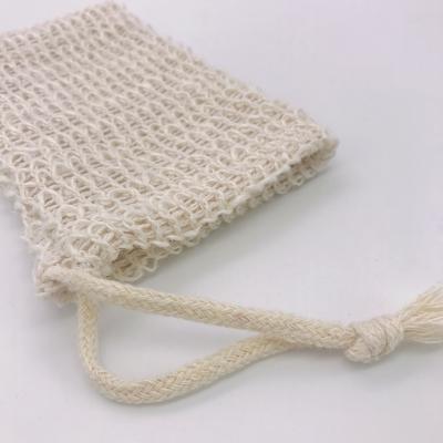 China Eco-Friendly Soft Pocket Mesh Sisal Soap Net Bag Hemp Cotton Drawstring Soap Saver For Bath for sale