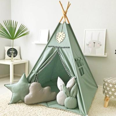 China Soft Toy Kids Indoor Playhouse, Indian Teepee Tent Cotton Canvas Four Poles With Window Portable Tent For Kids for sale