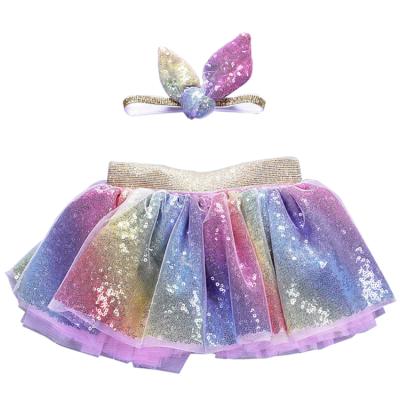 China Sweet New Arrival Colorful Rainbow Chiffon Skirt And Headband Baby Skirt Set Clothes for sale