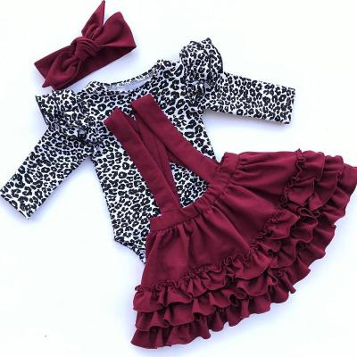 China New Casual Leopard Print Suspender Romper And Skirt With Headband 3 Pcs Baby Clothes Set for sale