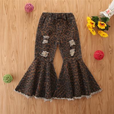 China Wholesale Breathable Leopard Kids Flare Legging Pants Fringe Trimmed Bottom Pipped Denim Babies Bell Bottom Jeans Pants for sale