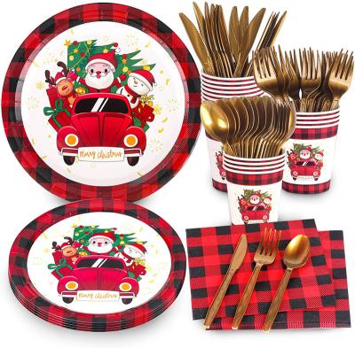 China Hot Selling Eco-friendly Disposable Christmas Party Tableware Set Disposable Party Supplies High Quality Cutlery Set Paper Plates Tableware Set for sale