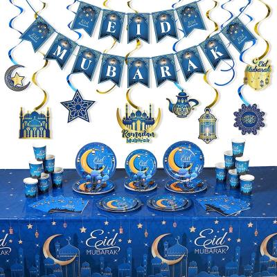 China Eid Mubarak Party Supplies Ramadan Mubarak Party Tableware Set Include Dishes Napkins Cups Banner Tablecloths For Muslim Ramadan for sale