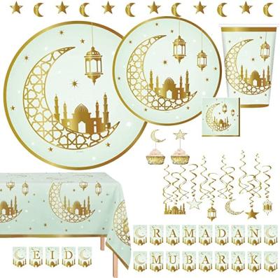 China Party Tableware Eid Mubarak Party Decoration Set Disposable Eid Party Tableware Set Hanging Gold Foil Ramadan Decorations Flag Swirls for sale