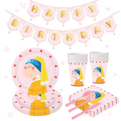 China Disposable Eco-friendly Girl With Pearl Earring Theme Banner Paper Plate Baby Happy Birthday Party Decoration Tableware Set for sale