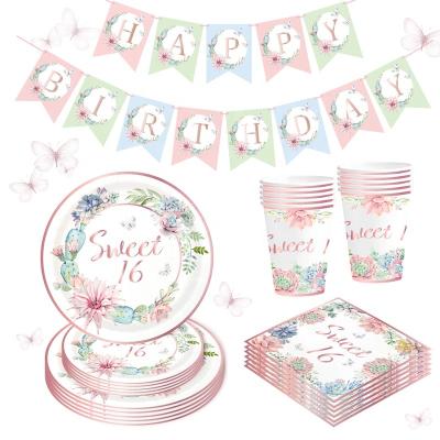 China 2022 New Product Disposable Eco-friendly Succulents Flower Theme Birthday Party Tableware Set Baby Birthday Party Paper Tableware Set for sale