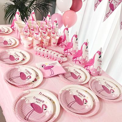 China Beautiful colorful flamingo pink tableware first set themed disposable children's birthday party supplies paper cups paper plates for sale