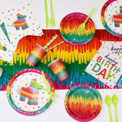 China Disposable Eco-friendly Birthday Party Decoration Tableware Set Rainbow Birthday Theme Cutlery Banner Cup Tableware Paper Plate Set for sale