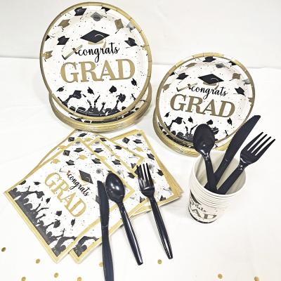 China Disposable Eco-Friendly Graduation Party Supplies Packs Dinner Paper Plates Cups Napkins Tablecover Black Gold Dinnerware Set for sale