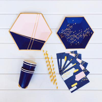 China Table Decoration Blue Hexagon Party Tableware Set Birthday Party Picnic Tableware Set Disposable Paper Cup Paper Plate Party Supplies for sale