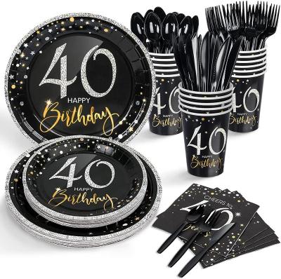 China Disposable Eco-Friendly 40th Birthday Plates Napkins Set For 24 40 Birthday Decorations For Men Cups Napkins Knives Forks Spoons Included Total 192pcs for sale