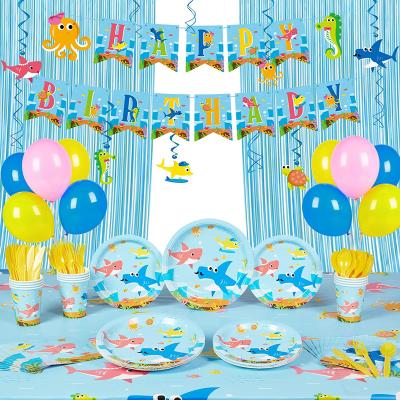 China Eco-friendly Disposable Shark Party Supplies Services 16 Shark Birthday Decorations Fringe Curtains Blue Tablecloth Total 149pcs for sale