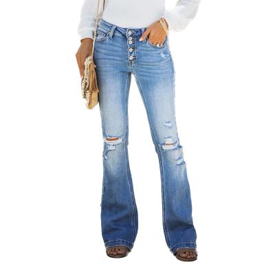 China Breathable Single-breasted flared jeans for women hole flare plants High quality Show long legs jeans for sale