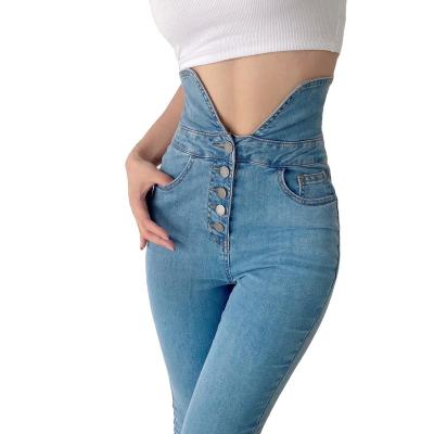 China Breathable Skinny Pencil Pants Button Design Slim Solid Color Stretchy Denim Trousers Women's High Waist Jeans for Ladies for sale