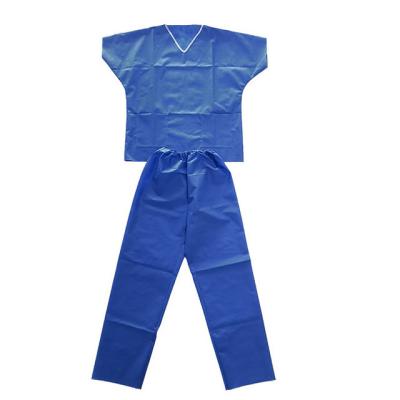 China Disposable Nonwoven Top+Pant Uniforms Scrub Top And Pants In Light Blue And Dark Blue for sale