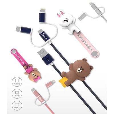 China Cute Rabbit Friends Brown Universal Multi Function Type-C Mobile Phone Line USB Micro 3 In 1 Anime 3D Data Cable 2.4A Fast Charging Cable for sale