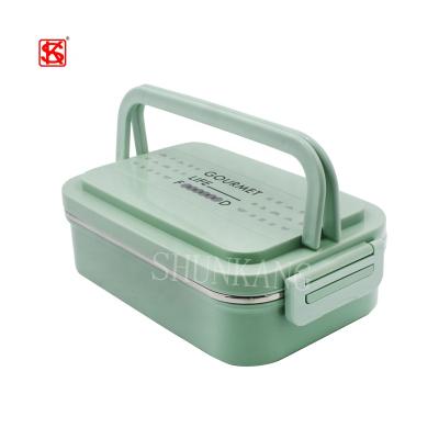 China Cool Keeping Japanses Style Tiffin Stainless Steel Plastic Carrier Bowl With 2 Compartments And Spoon&Fork for sale