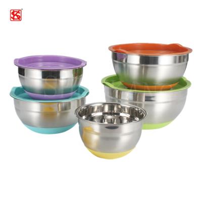 China Eco-friendly Colorful Stainless Steel Mixing Bowl Set Salad Bowl Nesting Storage Bowls With Lid&Silicon Airtight Bottom for sale