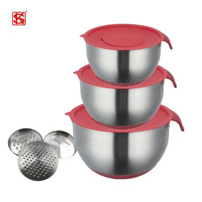 China Viable Silicone Salad Bowl Stainless Steel Bottom Korea Mixing Bowl Set With Lid And Grater Set for sale