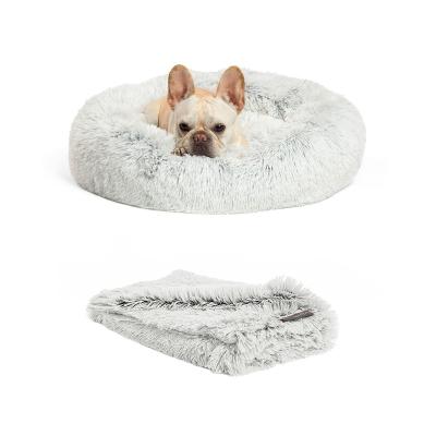 China Coohom Breathable Donut Cuddler Oval Calming Dog Bed, Shag Faux Fur Cat Bed Washable Round Pillow Pet Bed (30