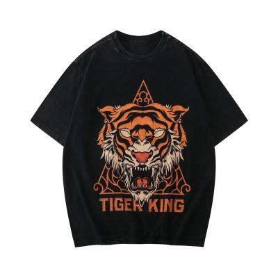 China Anti-wrinkle Streetwear Washed Vintage Men's Round Neck T-shirt Tiger Head Fog Process Straight Short Sleeve T-Shirt for sale