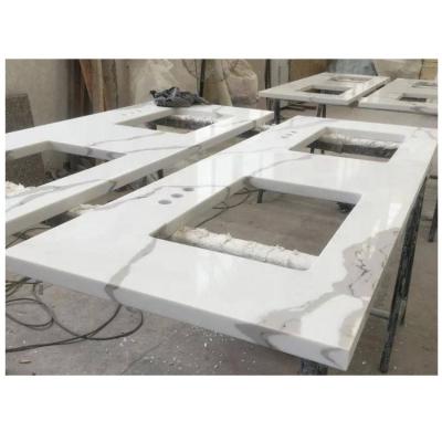 China Manufacture Modern White Veined Calcatta Solid Exterior Prefab Quartz Stone Kitchen Countertops for sale