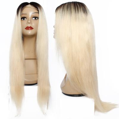 China Blonde Silky Straight Wave Lace Front Wig With Dark Rood Best Quality Hair Cuticle Aligned Hair Wigs In Color #1B/613 en venta