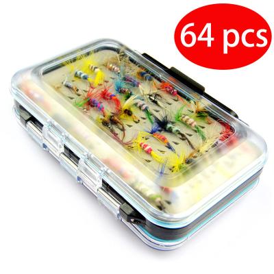 China Fishing Tackle Storage Box OEM Fly Fishing Lure Set With Box 64 Pcs Isca Bait Hooks Kit Artificial Flying Fish Lure Fly Hooks With Feather for sale