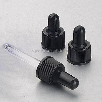 China Stock Black 410 Silicone Rubber Droppers Plastic Bulb 18 Cap Pilfer Proof For 30ml Essential Oil Bottle 77 Mm Pipette Glass Dropper for sale