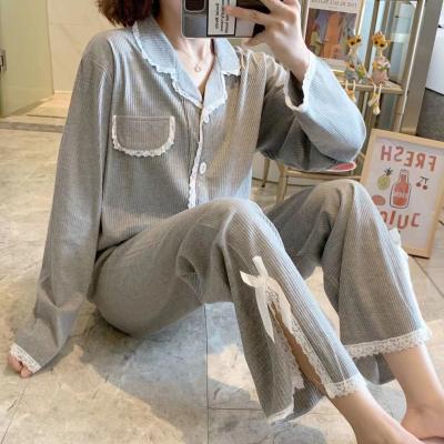 China Korean Style Breathable Pajamas Women's Autumn Pure Cotton Pit Strip Lace Cardigan Suit Simple Candy And Comfortable Home Service for sale