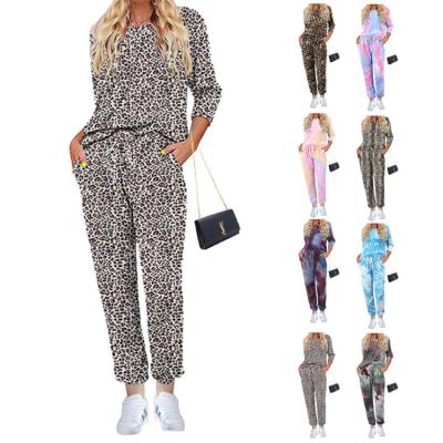 China 2021 QUICK DRY Home Set Women's Autumn And Winter Tie Dye Printed Long Sleeve Pants Split Pajamas for sale