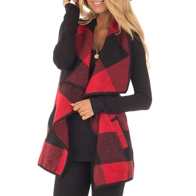 China Wholesale Women Anti-Shrink Fashion Outwear Asymmetric Edge Waterfall Plaid Vest Coat Long for sale