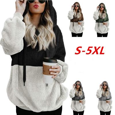 China Zipper High Quality Hairy Cotton Pullover Contrast Color Block Women's Winter Anti-wrinkle Fashion Pocket Quilting Loose Hoodie for sale