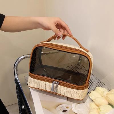 China Fashion White/Khaki 6 Inch Woman Purse Cosmetic Pouch Shopping Double Straw PVC Zipper Pouch Waterproof Outdoor Travel for sale