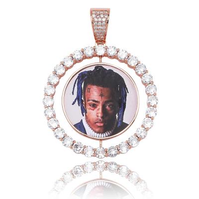 China Hiphop 60mm x 44mm Gold Color Cubic Zirco CZ Spinner Round Diamond Custom Photo Picture Pendant Necklace for sale