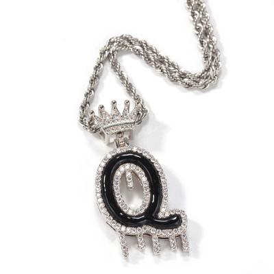 China Wholesale Brass Drop Custom Name Zircon Letter Water Bubble Drip Bail Crown Hiphop Alphabet Pendant Necklace for sale