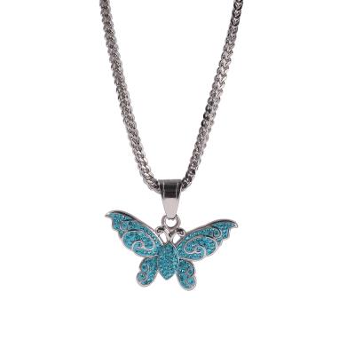 China Hiphop Diamond Zircon Iced Out Stainles Steel Butterfly Necklace Jewelry Women Gold Necklace Pendant Chain for sale