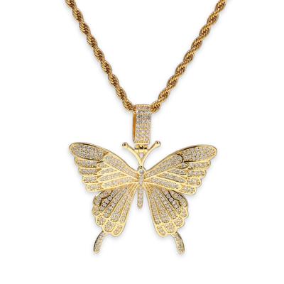 China Wholesale Hiphop Butterfly CZ Gold Pendant Diamond Iced Out Ladies Women Tennis Butterfly Chain Necklace 18k Gold for sale