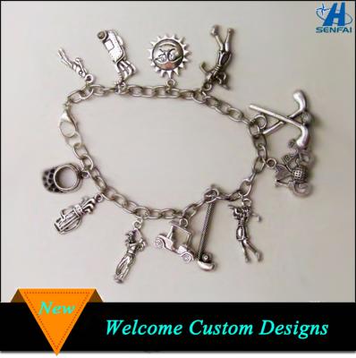 China Fashionable Antique Golf Charms Bracelet Golf Club Sports Charms On Wholesale Golf Tool Charms Bracelet for sale