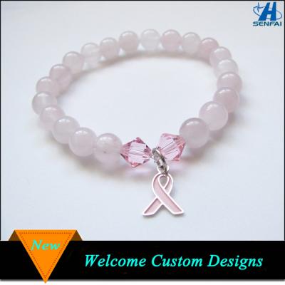 China ALLOY Stretch Rose Quartz Stone Breast Cancer Pink Elastic Awareness Ribbon Bracelet for sale