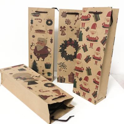 China Eco-Friendly Christmas Kraft Paper Wine Bottle Bags Gifts Wrap Champagne Bottle Bag Christmas Party Decoration 4 Styles for sale