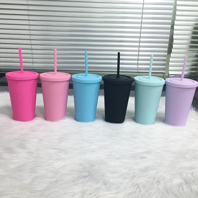 China 16oz Matte Skinny Tumbler Plastic Acrylic Double Wall Coffee Stocked Tumbler Classic Milk Mug with Flat Lids and Straws for sale